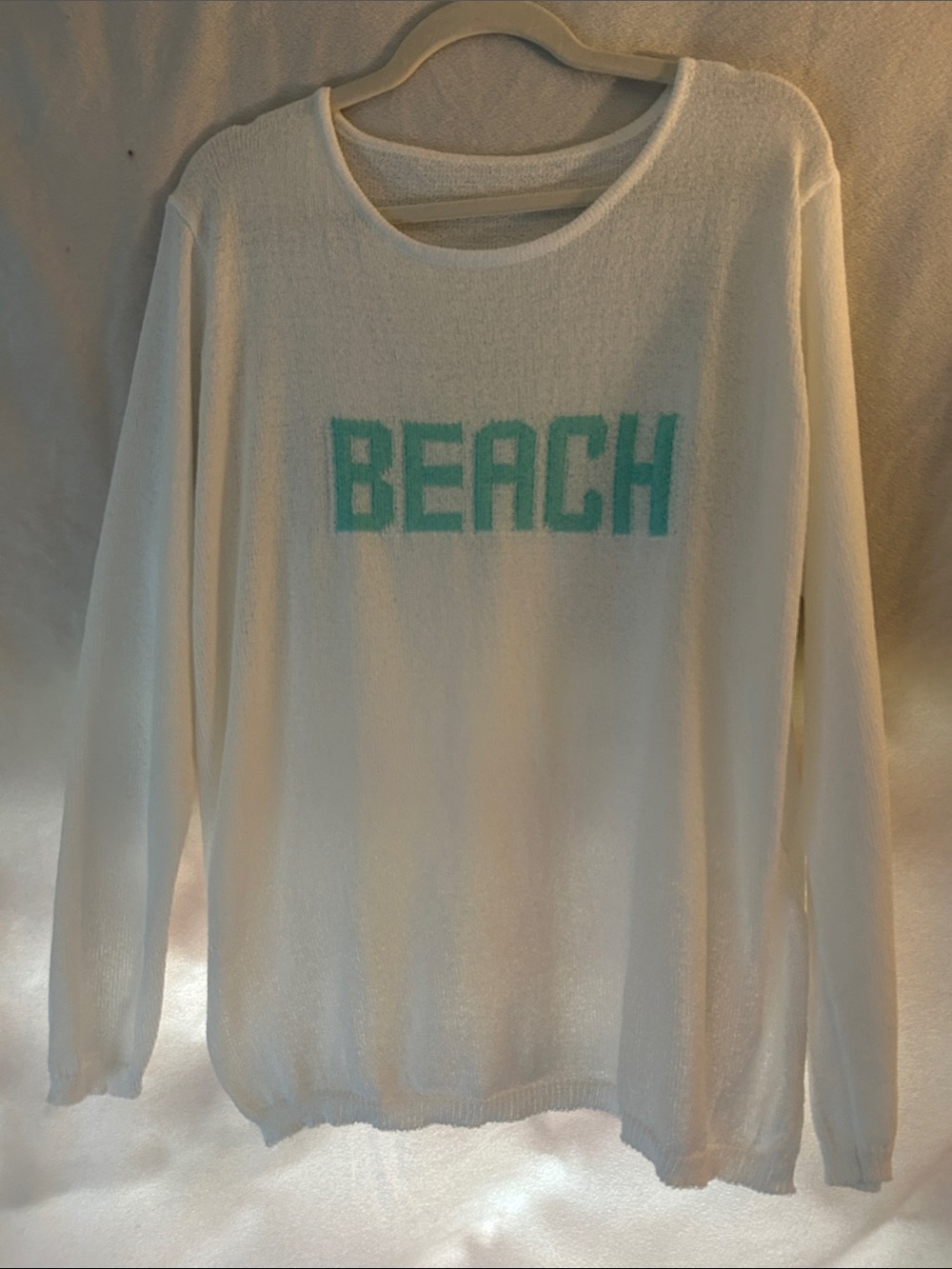 White Crewneck Sweater with Aqua 'BEACH' Graphic